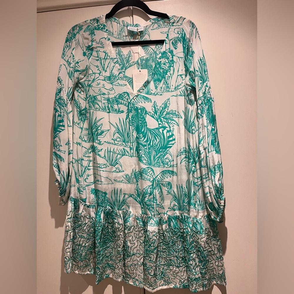 White and teal swimsuit coverup/ dress from TAJ by Sabrina Crippa Size small NWT
